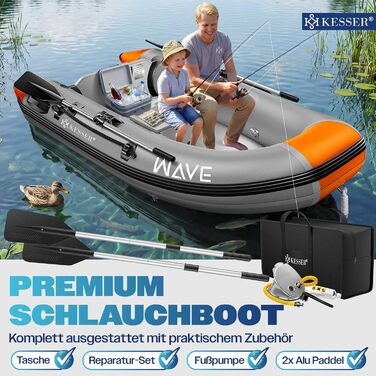Надувний човен KESSER Wave 230-320 см (6 предметів): човен, лава, насос, весла, ремкомплект, сумка. Можливість встановлення мотора, для солоної води (Сірий/Помаранчевий, 2.30м)