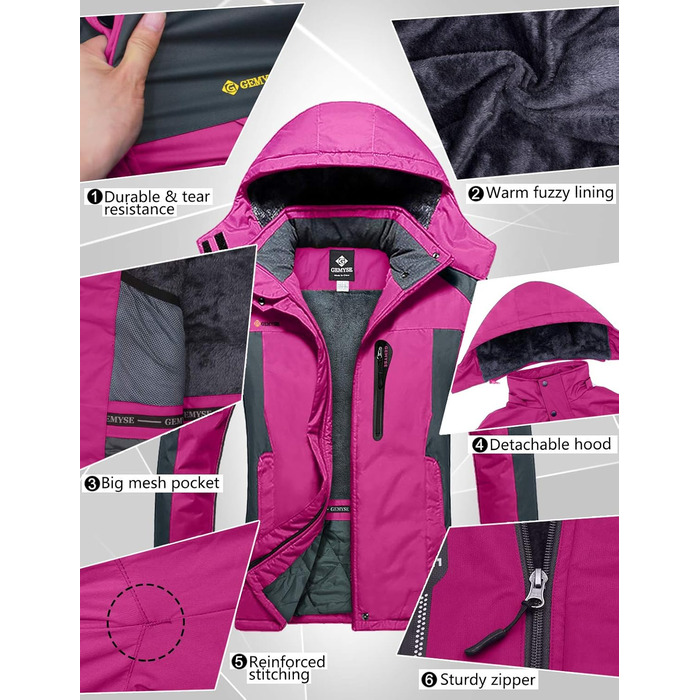 Жіноча лижна куртка GEMYSE: водонепроникна, вітронепроникна, з флісовою підкладкою, для активного відпочинку на снігу (M, Рожево-сіра)