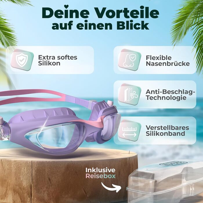 Дитячі окуляри для плавання Kidverse - Комфортні окуляри для дайвінгу для дітей 3-13 років з UV-захистом та антизапітнієвим покриттям - Окуляри для плавання для дівчаток та хлопчиків (фіолетово-рожеві)