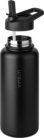 Термос пляшка Vinsun 1 л, чорна, з нержавіючої сталі, ізольована, герметична, підходить для газованих напоїв, BPA Free, з трубочкою, для спорту, школи, велосипеда, офісу, кемпінгу