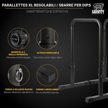 Паралети Gravity Fitness XL, регульовані бруси для калістеніки та домашнього спортзалу, 38 мм ручки для віджимань, L-сіту, підтягувань, міцні турнік-бруси для силових тренувань