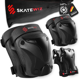 SKATEWIZ Набір захисту для дітей та дорослих, 6 предметів, чорний, розмір L — наколінники, налокітники, захист на зап'ястя для роликів, ідеальна посадка, підвищений рівень амортизації, нова модель