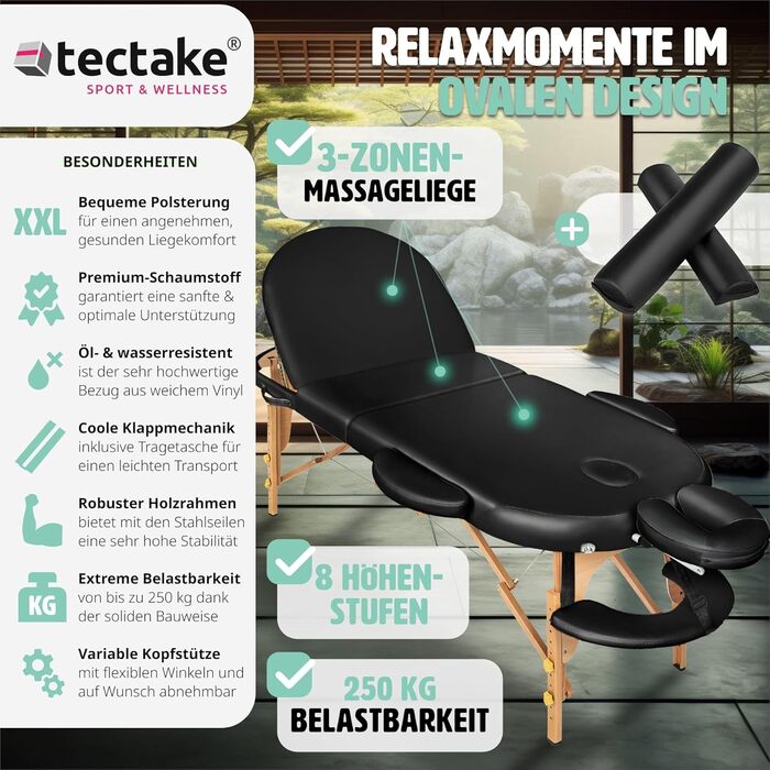 Складаний масажний стіл tectake 3-секційний, овальний, з товстою підкладкою, для масажу, косметології або тату, чорний, з чохлом для транспортування