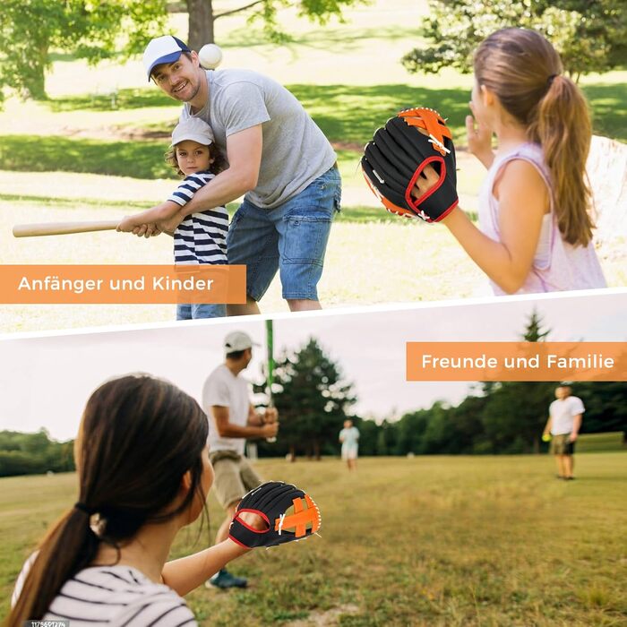 Рукавиця для бейсболу та софтболу з м'ячем, дитяча та доросла, потовщена, змагальна, помаранчево-чорна, 11.5 дюймів