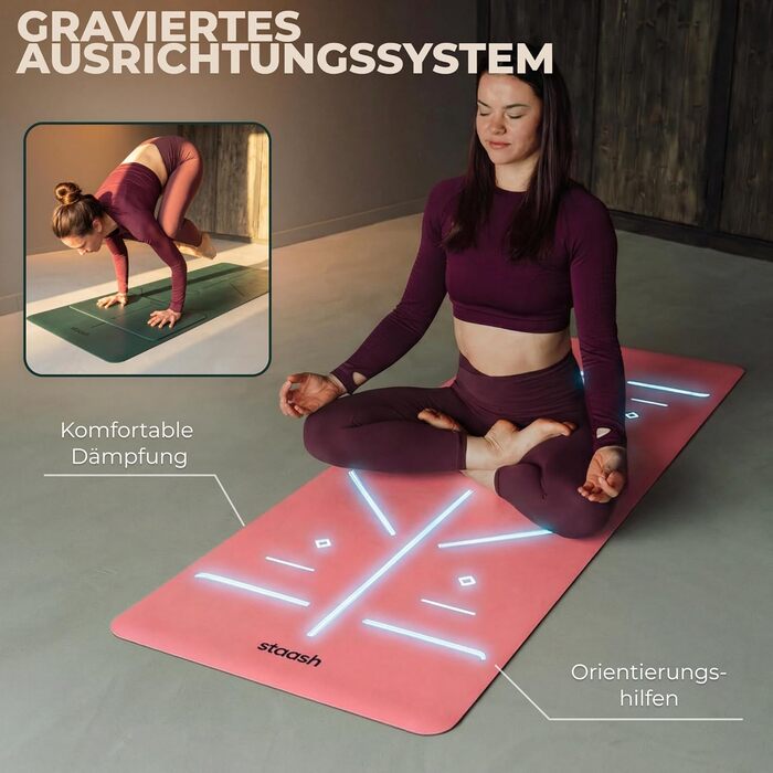 STAASH Преміум комплект килимків для йоги – нековзний з PU та натурального каучуку (4,5 мм) – з рушником для йоги, ремінєм та наколінником – широкий та довгий – довговічний, студійного зразка для жінок та чоловіків, рожевий
