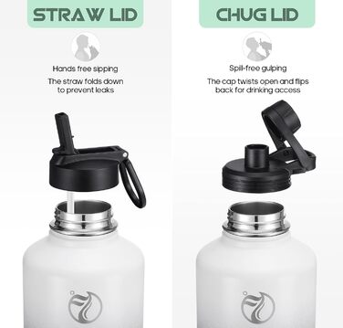 HydroPal Фляга з нержавіючої сталі - 750мл/1л/1.2л/1.9л, без BPA, для газованої води, ізольована з трубочкою та 2 кришками (білий/чорний, 1900мл)