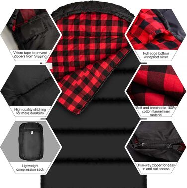 Спальний мішок Baumwoll-Flanell для дорослих, 100% бавовняний, для кемпінгу, піших прогулянок, подорожей з рюкзаком, легкий, 3-4 сезони (Чорний/Червоний, 2.8 кг)