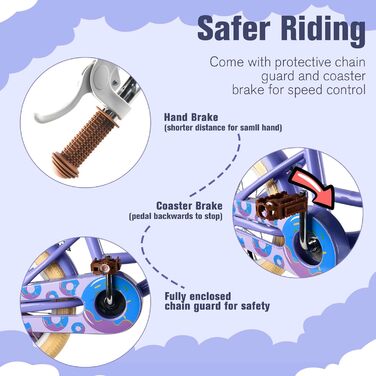 Дитяче велосипед RULLY для дівчаток з додатковими колесами, кошиком та сидінням для ляльки, регульоване сидіння, 2-7 років, рожевий/фіолетовий/блакитний (12 дюймів)