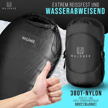 Спальний мішок WALDNER Daunenschlafsack Ultraleicht – ультралегкий, 4 сезони, 800г пуху, 600FP, для кемпінгу та відпочинку на природі, до 200 см
