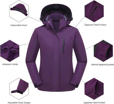 Жіноча куртка 3 в 1 Mountain: вітронепроникна, тепла, для зими та катання на сноуборді. З капюшоном, для походів та активного відпочинку. Колір: темно-фіолетовий (S)