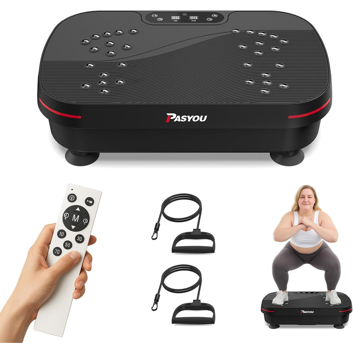 PASYOU Вібраційна платформа для тренувань всього тіла з пультом дистанційного керування та еластичним гумкою, 0-99 інтенсивність