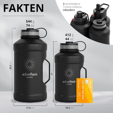 BeMaxx спортивна пляшка з нержавіючої сталі 2,2 л з трубочкою, 3 кришки, BPA-free, герметична, для газованої води, XL фітнес пляшка Solid Black