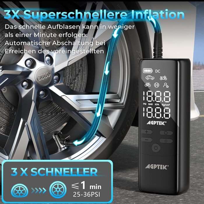 AGPTEK електричний насос-компресор 150PSI 75000mAh 12В з LCD-дисплеєм, LED-підсвіткою, для шин авто, велосипедів, мотоциклів і м'ячів