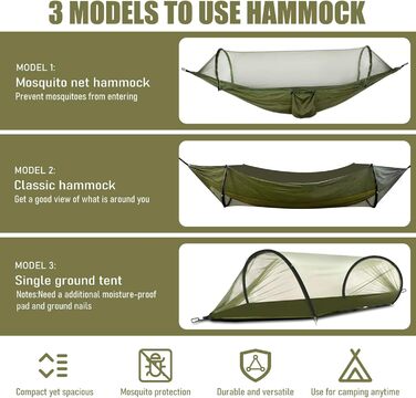 Гамак для відпочинку на природі Ultraleicht 270x140см з москітною сіткою, міцний та довговічний, з сумкою для зберігання. Підходить для саду, кемпінгу, балкону, двору, пляжу
