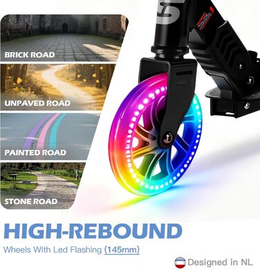 Самокат дитячий SUOTU з колесами 145 мм, до 100 кг, світлодіодами, складаний, регульована висота, для хлопчиків та дівчаток, алюмінієвий, чорний