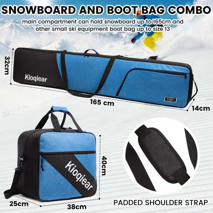 Сумка для сноуборда та черевиків Kioqiear з підкладкою, підходить для сноуборда до 165 см та черевиків розміру до 45, включає сумку для сноуборда та сумку для черевиків (Blau)