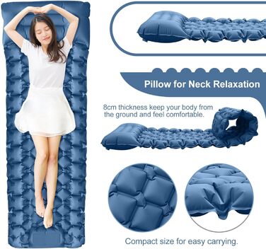 Саморозгортальний килимок для кемпінгу Podazz - ультралегка спальна матрац з подушкою, 10 см товщина, водонепроникний, з вбудованим насосом для туризму (блакитний)