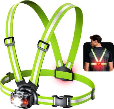 Лампа для бігу Lauflampe Joggen: нагрудна лампа з проблисковим світлом, 500 люмен, кут нахилу 45°, 2 кольори світла, USB-C, IPX4, подвійний ремінь з 360° світловідбивачами для кемпінгу, активного відпочинку, велоспорту (без заднього ліхтаря)