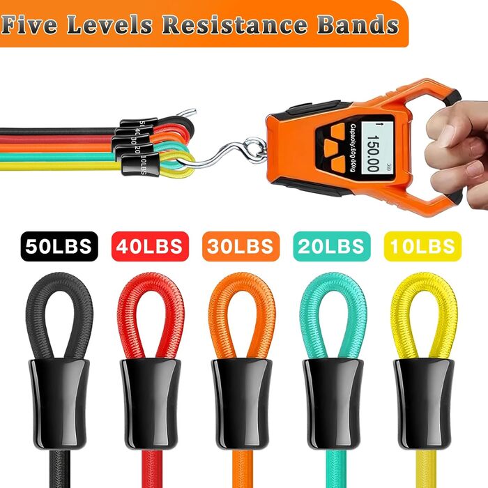 Набір еластичних стрічок для фітнесу Resistance Bands - 5 рівнів, з дверним кріпленням, ручками та кісточками. Для силових тренувань, нарощування м'язів, пілатесу та тренування сідниць. У комплекті сумка для занять вдома, в приміщенні та на вулиці.