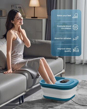 Зручне ванночка для ніг Comfier з масажем, підігрівом та функцією бульбашок | Складаний масажер для ніг | Вібрація, функція бульбашок, таймер, пемза для педикюру, 35°C-48°C, 8 Shiatsu роліків (Чорний, Синій)