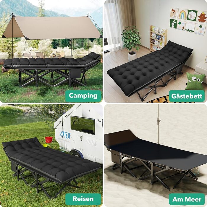 Розкладне ліжко-тахта для кемпінгу з матрацом, сталеве, чорне, 190x71x35 см