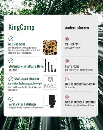 Складний стіл KingCamp з бамбука з UV-захистом, регульована висота, для кемпінгу, саду, грилю, пікніка, офісу (100 × 72 см/120 × 70 см), 3 висоти - 100x65см (безступеневе регулювання - 100x70см)