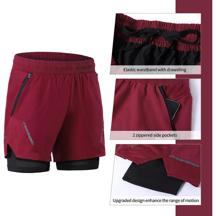Шорти для бігу чоловічі ARSUXEO 2-в-1 з підкладкою з сітки та кишенями на блискавці, червоні