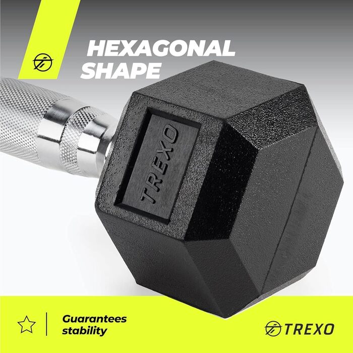 Гантель TREXO Hexagon 7,5 кг, прогумована, чавунна, для силових тренувань вдома, ергономічна ручка