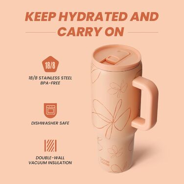 Термос пляшка 1.1 л з нержавіючої сталі з ручкою та трубочкою, BPA Free, герметична, для подорожей, офісу, спорту, з малюнком жовті квіти