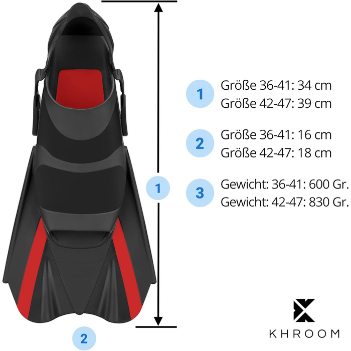 Плавальні ласти Khroom для дорослих, короткі, регульовані, для снорклінгу, розмір 36-47, червоні, преміум-якість, з сумкою, Італія