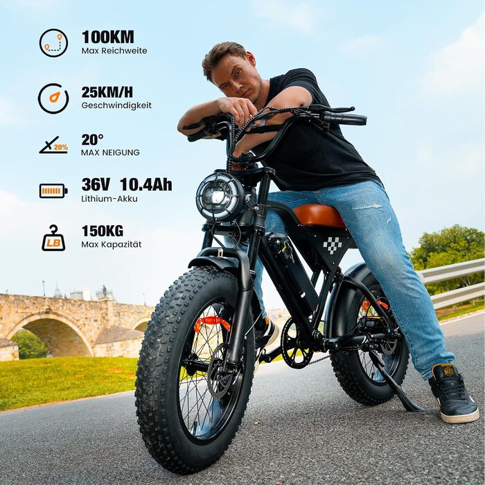 Електровелосипед Finbike з універсальними 20x4.0 дюймовими широкими шинами, знімним акумулятором 10.4Ah, 4 режимами їзди, запасом ходу до 100 км, для чоловіків і жінок