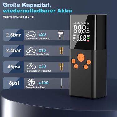 Електричний акумуляторний компресор-насос 150PSI 10000mAh з LCD-дисплеєм, портативний насос для шин і матраців