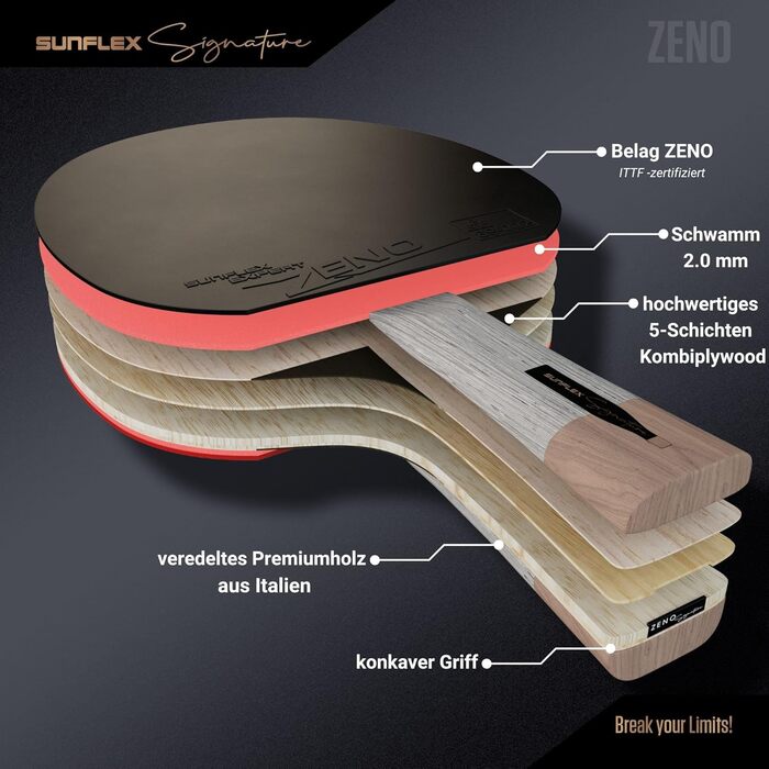 Sunflex® ITTF сертифікована професійна ракетка для настільного тенісу Signature з високоякісної деревини, змагальне покриття, для досвідчених гравців, у магнітній коробці Zeno