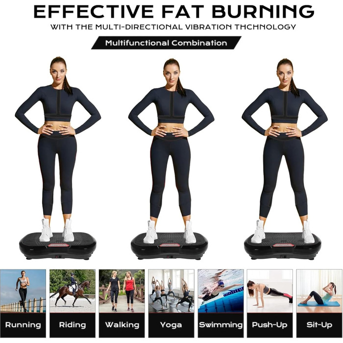 Вібраційна платформа TLGREEN з ультратихим мотором, 120 рівнів + 10 програм тренувань, з пультом дистанційного керування, тренувальні стрічки, для тренувань всього тіла, спалювання жиру, XL (68x38x14 см), чорна