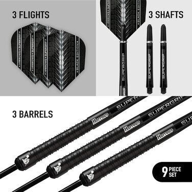 Дартс Harrows SUPERGRIP Black Edition 90% вольфрам, 21-30 г, з наконечником із сталі, комплект із супергріп-шахтами і крилами