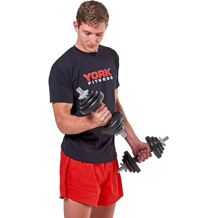 Гантелі York Fitness 20 кг зі змінними дисками, чавунні, набір 2 шт, чорні, регульовані спінлоки