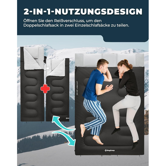 Сплячий мішок KingCamp для двох осіб, зимовий, чорний, для кемпінгу та відпочинку на природі