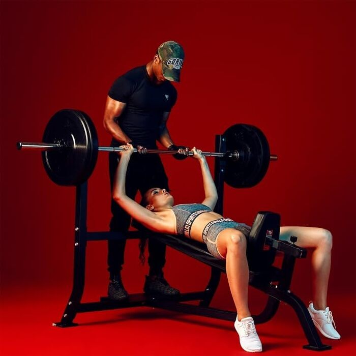 Лава для жиму GORILLA SPORTS® з регульованою спинкою, гантельною стійкою, 6 положень, 165x128x121 см, до 280 кг, гумові ніжки, чорна – тренувальна лавка для фітнесу та жиму лежачи