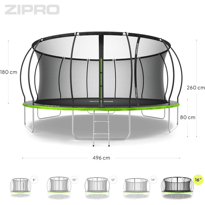 ZIPRO JumpPro Premium Трамплін для дітей Outdoor, садова модель, з сіткою, захист від УФ, стійкий до погодних умов, Ø 252-496 см, до 150 кг