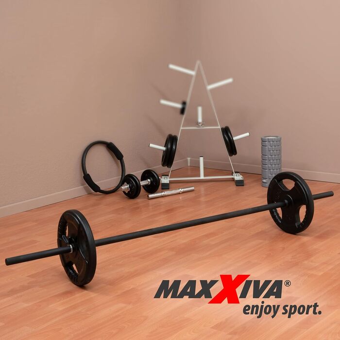 Гриф для штанги MAXXIVA 180 см, 30 мм, сталь, хром, до 300 кг, чорний, з пружинними замками для жиму лежачи