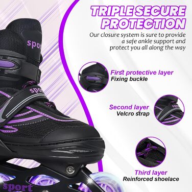 Регульовані ролики для дітей (дівчатка та хлопчики), ролики з підсвічуванням коліс, для занять спортом в приміщенні та на вулиці, фіолетовий & синій, чорний & фіолетовий