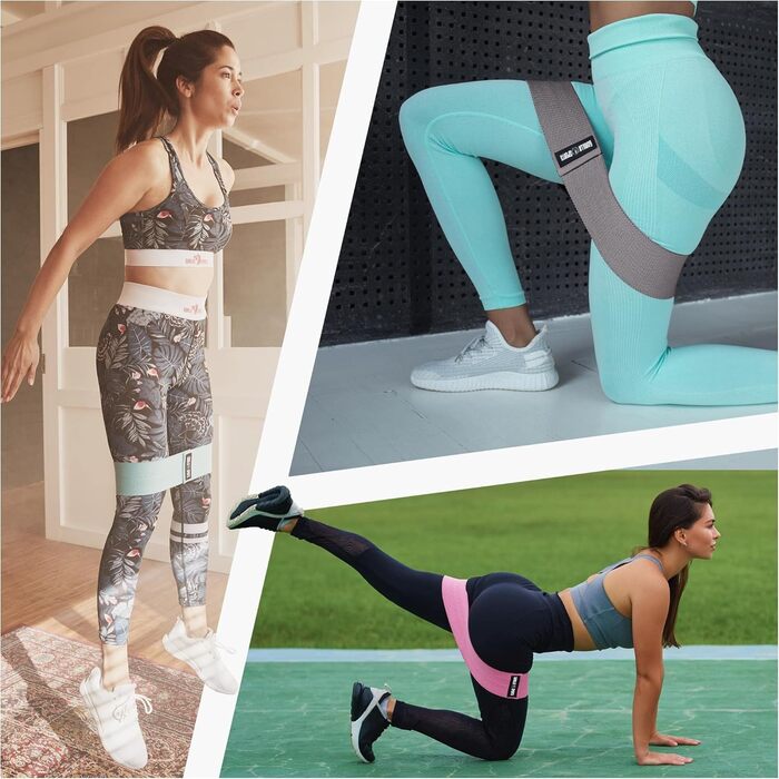 Гума для фітнесу GORILLA SPORTS® - набір 3 шт., з сумкою, 3 рівні опору та кольори, 76 см, нековзна, гумова - еспандер, фітнес-гумка, тренувальний банд, hip bands, йога, тренування ніг