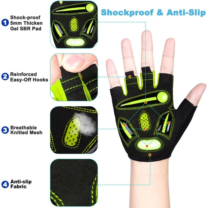 Велосипедні рукавички з відкритими пальцями, дихаючі, з неслизьким покриттям та амортизацією, короткі, літні, MTB, для чоловіків та жінок, розмір M, зелені