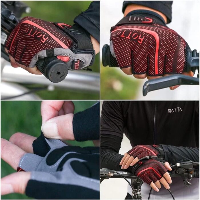 Велосипедні рукавички ROTTO напівпальцеві унісекс з гелевою амортизацією для MTB, шосе, фітнесу, даунхілу, чорно-червоні, розмір M