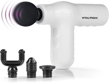 Масажний пістолет VITALmaxx з 4 насадками, акумуляторний, до 90 хв роботи, USB-C зарядка, легкий і компактний для спорту та подорожей, чорний/сріблястий, 5 режимів