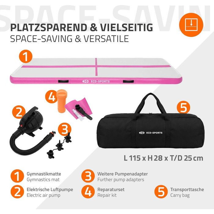 Килимок гімнастичний надувний ECD Germany Airtrack 3м/4м/5м, Рожевий/М'ятно-зелений, з електронасосом та сумкою для тренувань, фітнесу, йоги