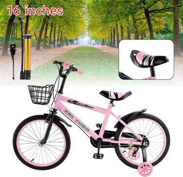Дитяче велосипед 16 дюймів, регульоване сідло та кермо, рама з вуглецевої сталі, подвійні гальма, ударостійкі колеса, магнітні блискучі колеса, знімні додаткові колеса, для хлопчиків
