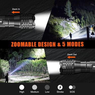 LED ліхтарик GEARLITE 4000 Lumen, 2 шт., водонепроникний, з зумом, для кемпінгу, туризму, екстрених ситуацій