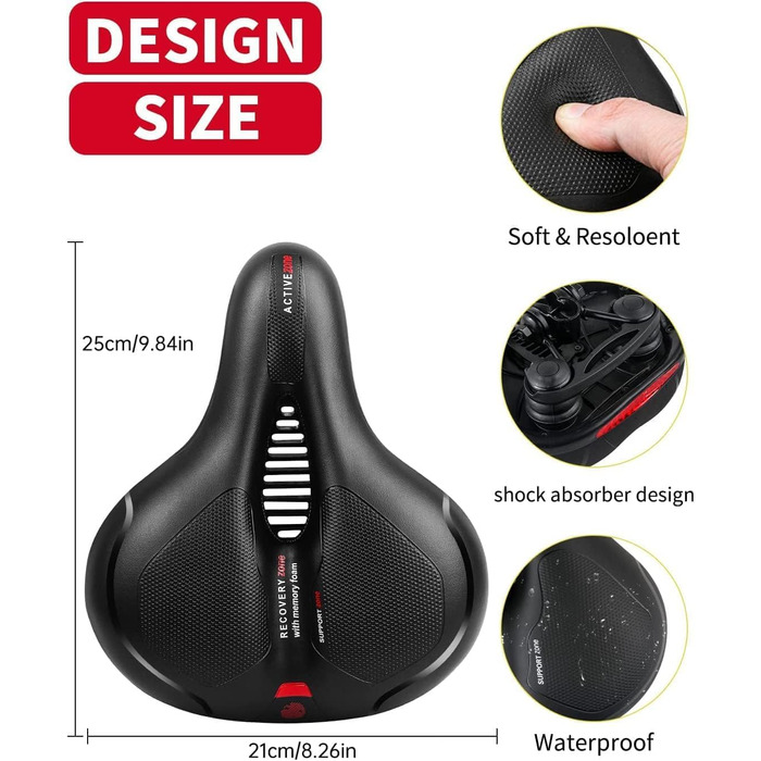 Зручний велосипедний сідло з Memory Foam, ергономічний, амортизуючий, дихаючий. 25x21 см. Підходить для міста, жінок, чоловіків, дітей. З червоною смугою.