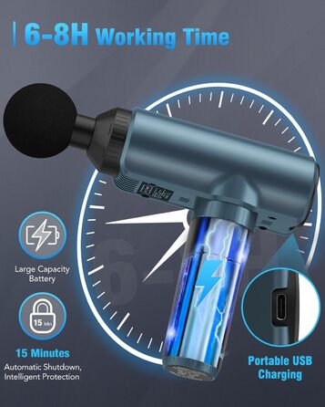 Масажний пістолет Lefity Mini, 30 швидкостей, 6 насадок, USB-C, для шиї, плечей і спини, темно-синій